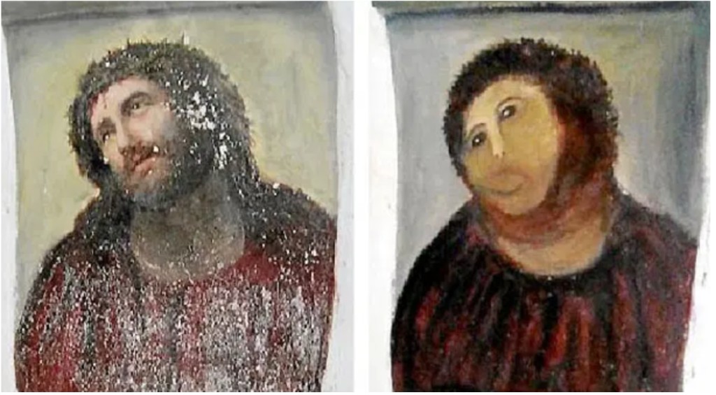 Side-by-side comparison of the original Ecce Homo fresco and its botched amateur restoration